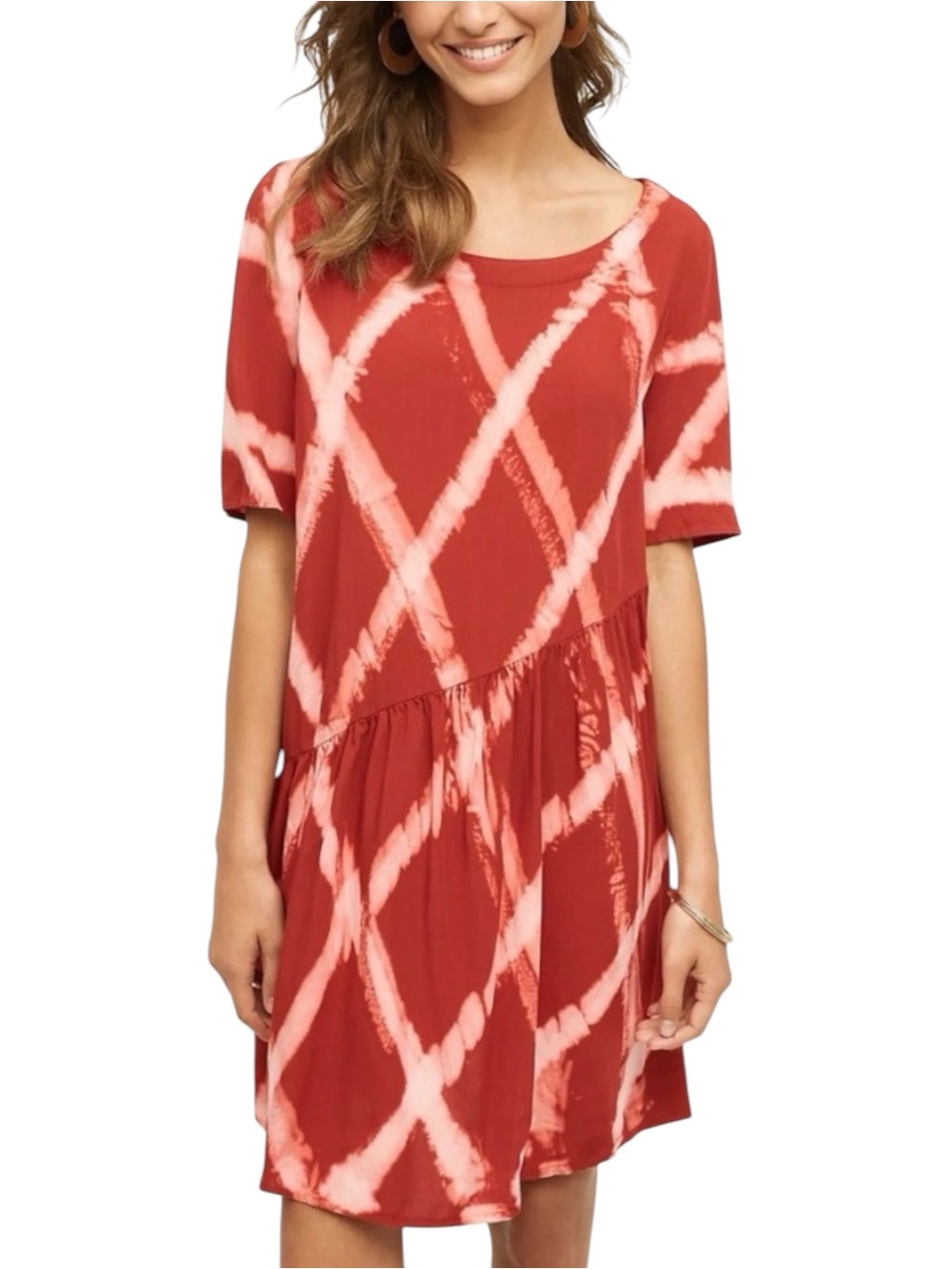 Anthropologie The Odells Riya Tie Dye Red Short Sleeve Shift Dress LARGE